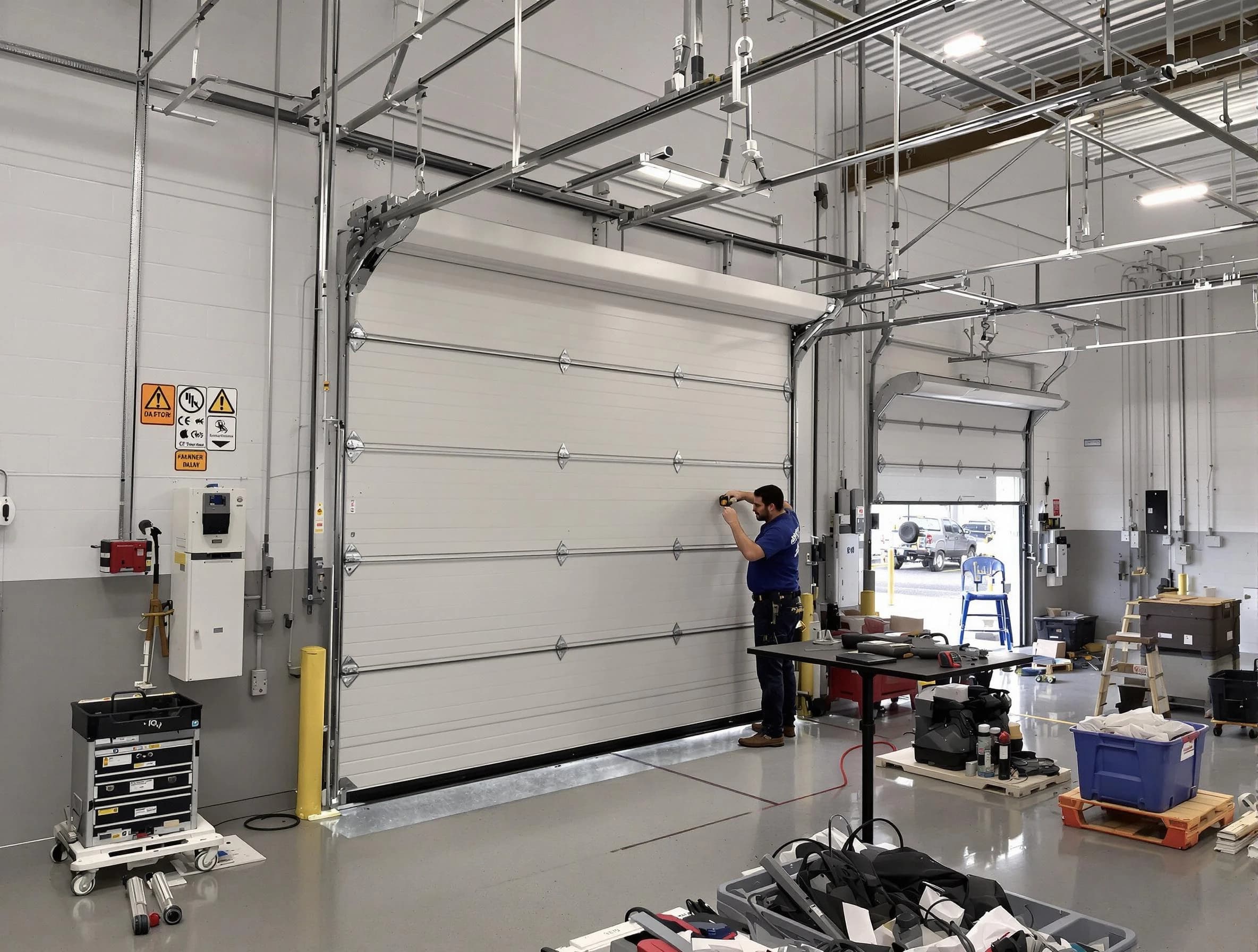 Commercial garage door repair being performed by Harrah Garage Door Repair expert in Harrah