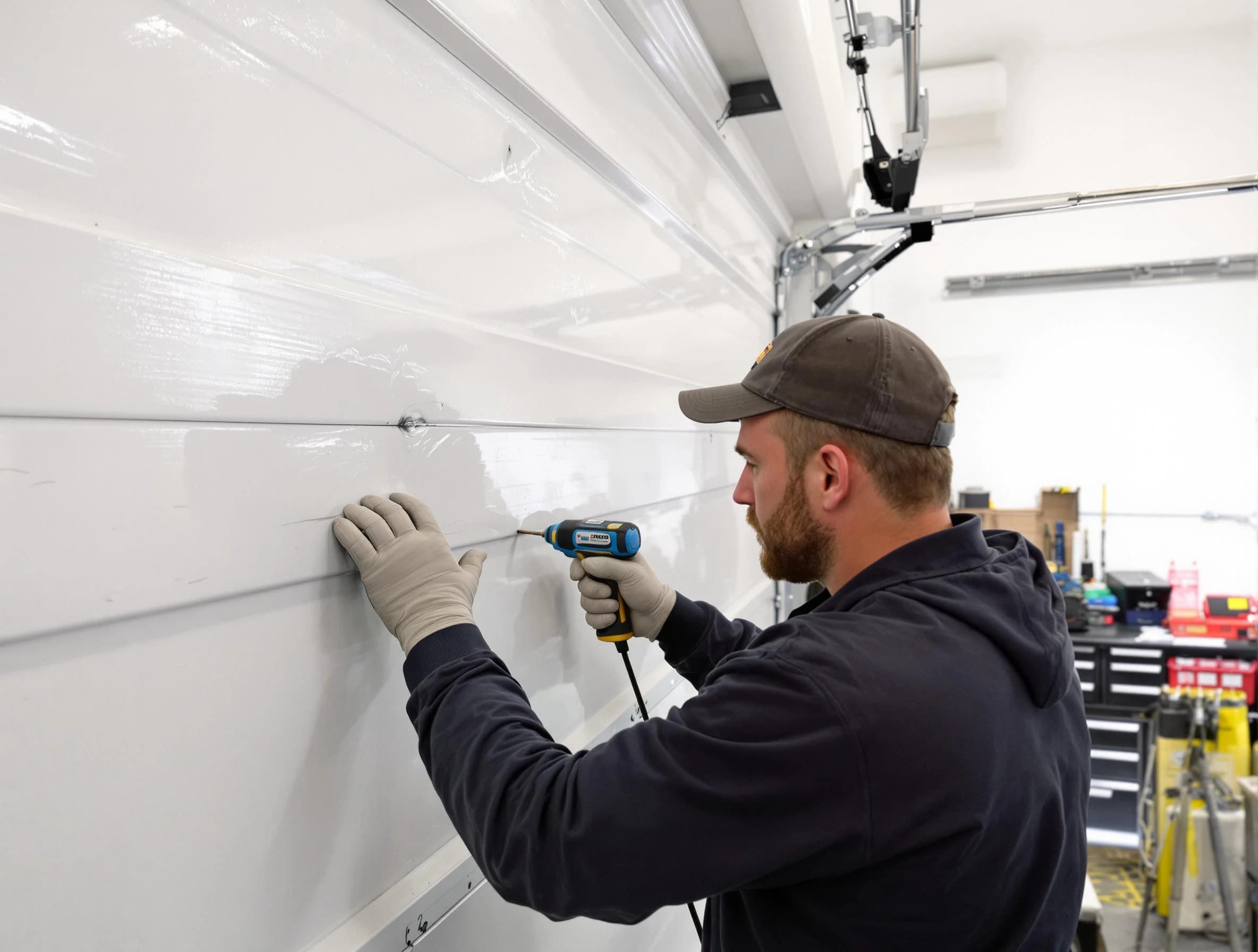 Harrah Garage Door Repair technician demonstrating precision dent removal techniques on a Harrah garage door
