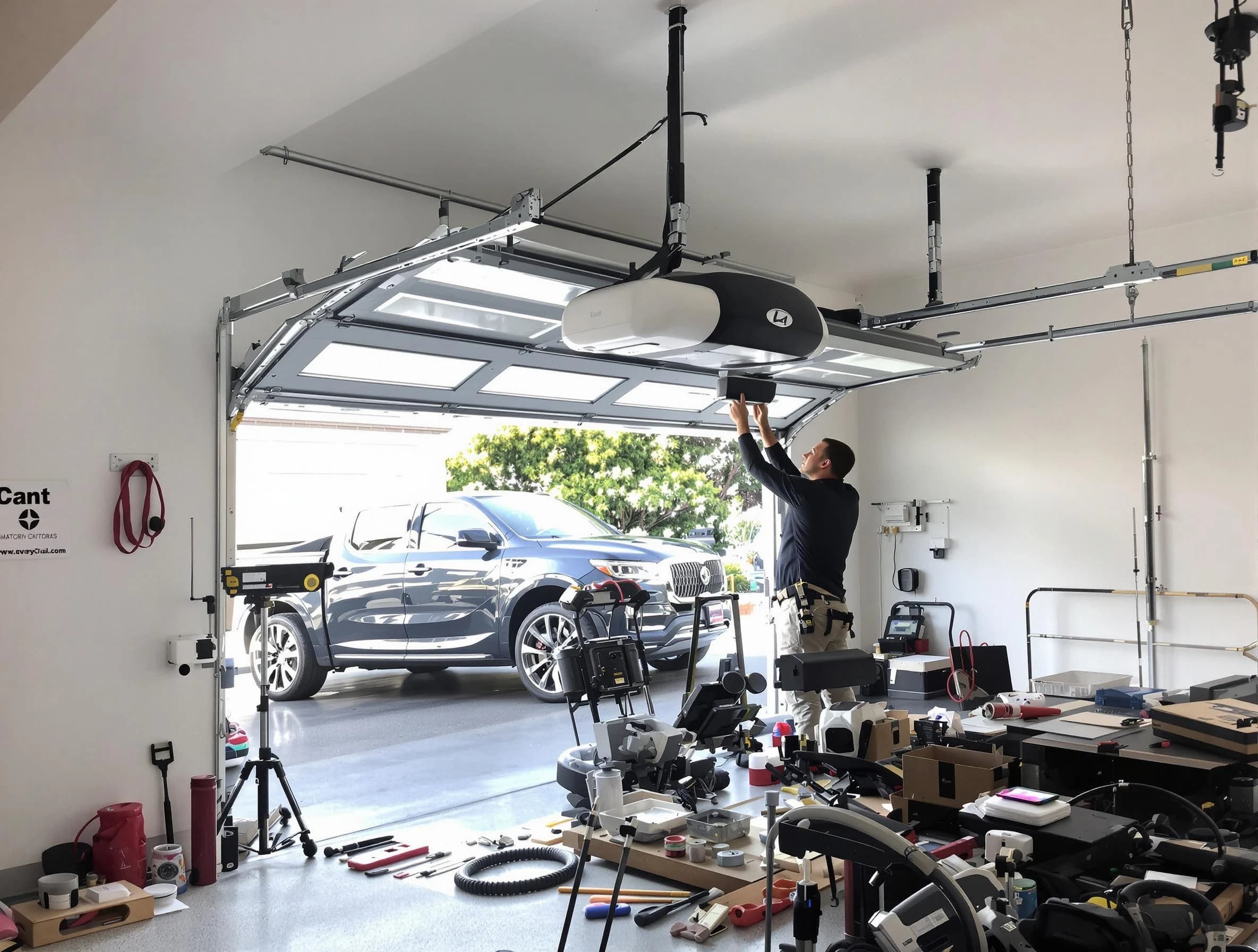 Harrah Garage Door Repair specialist installing smart garage door opener system in Harrah home