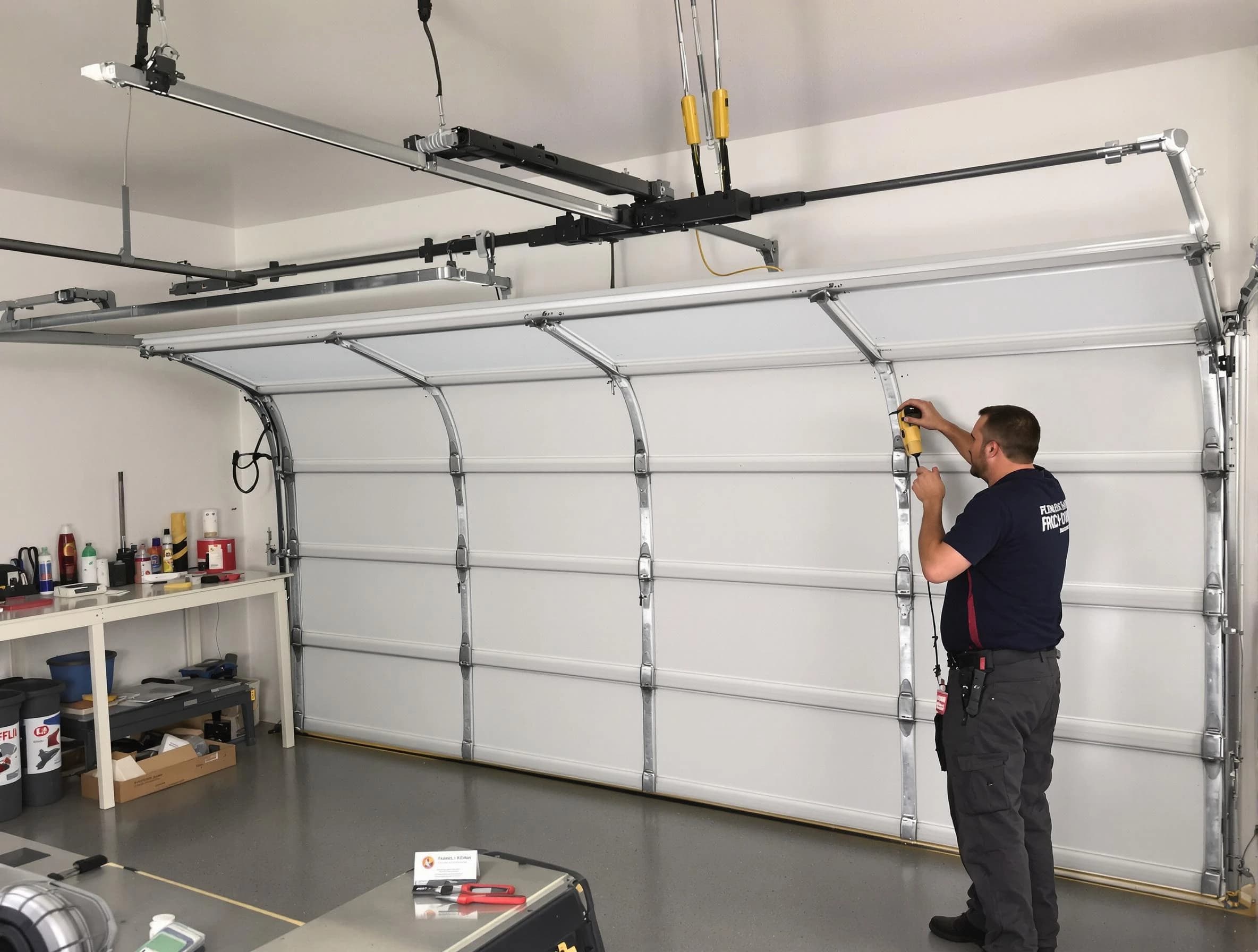 Harrah Garage Door Repair certified technician performing overhead door system repair in Harrah