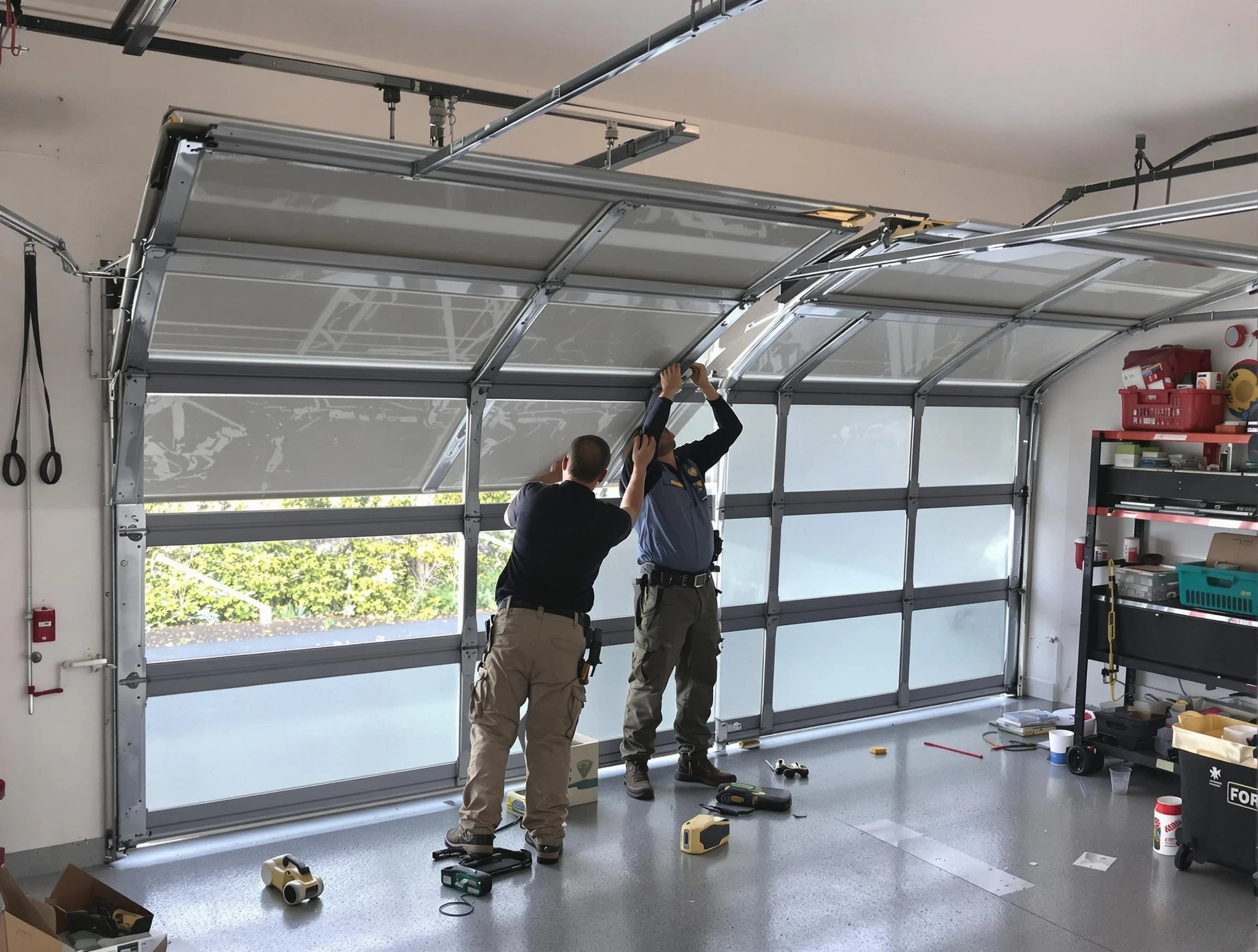 Harrah Garage Door Repair expert performing precise panel replacement on Harrah garage door