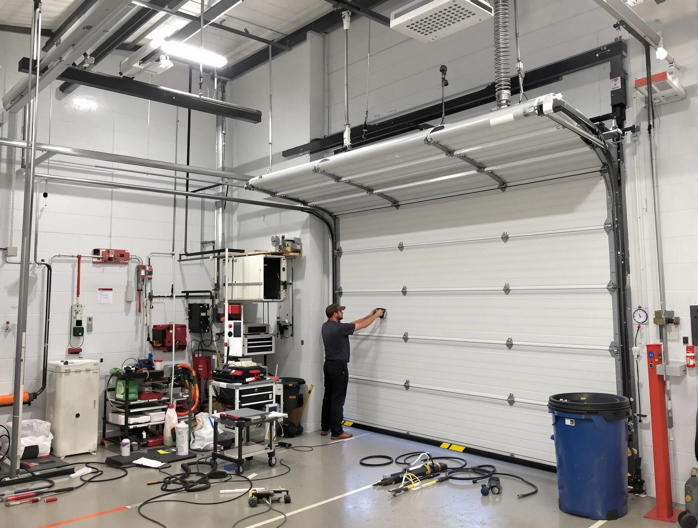 Harrah Garage Door Repair certified technician performing commercial door repair at a Harrah business facility