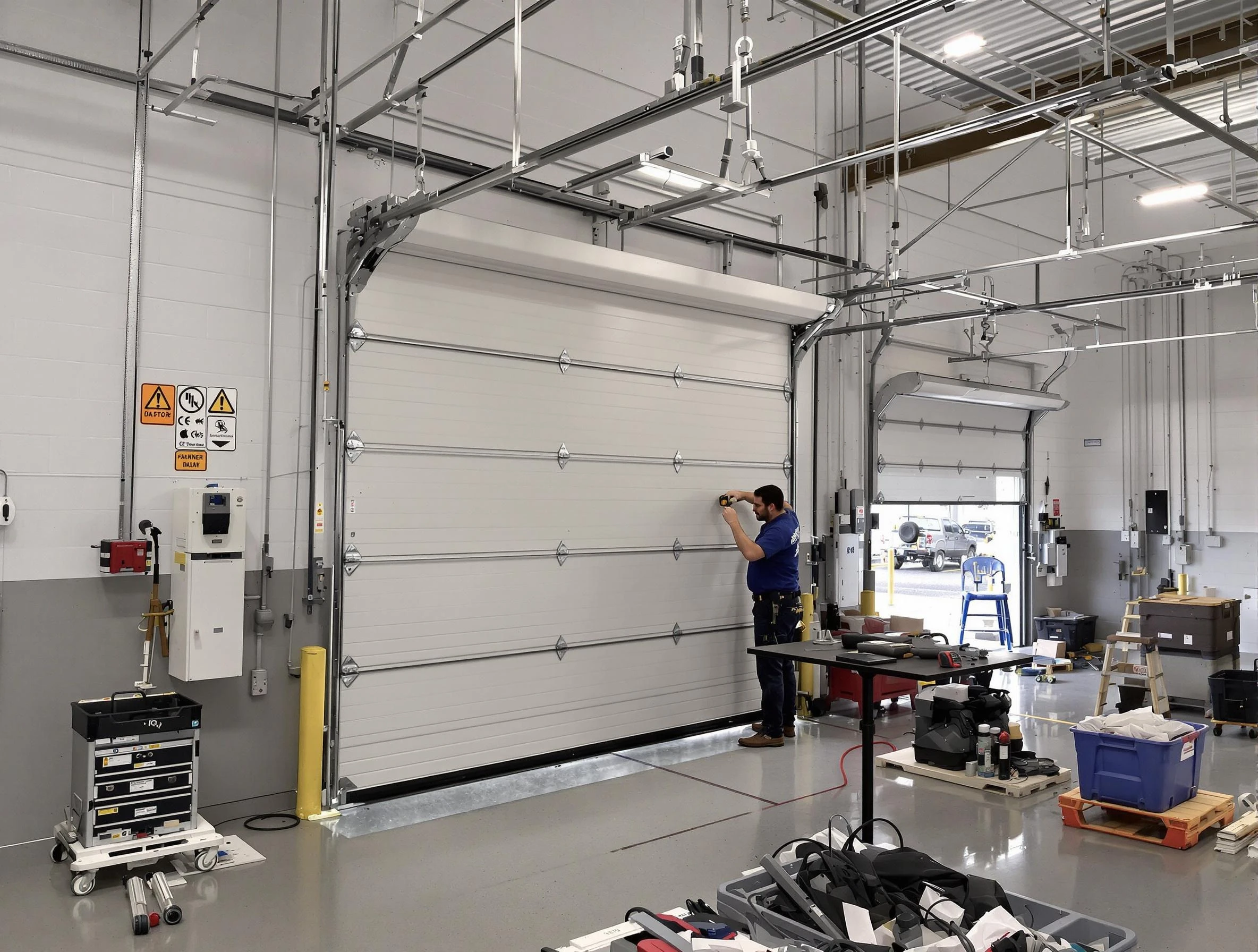Commercial garage door repair being performed by Harrah Garage Door Repair expert in Harrah