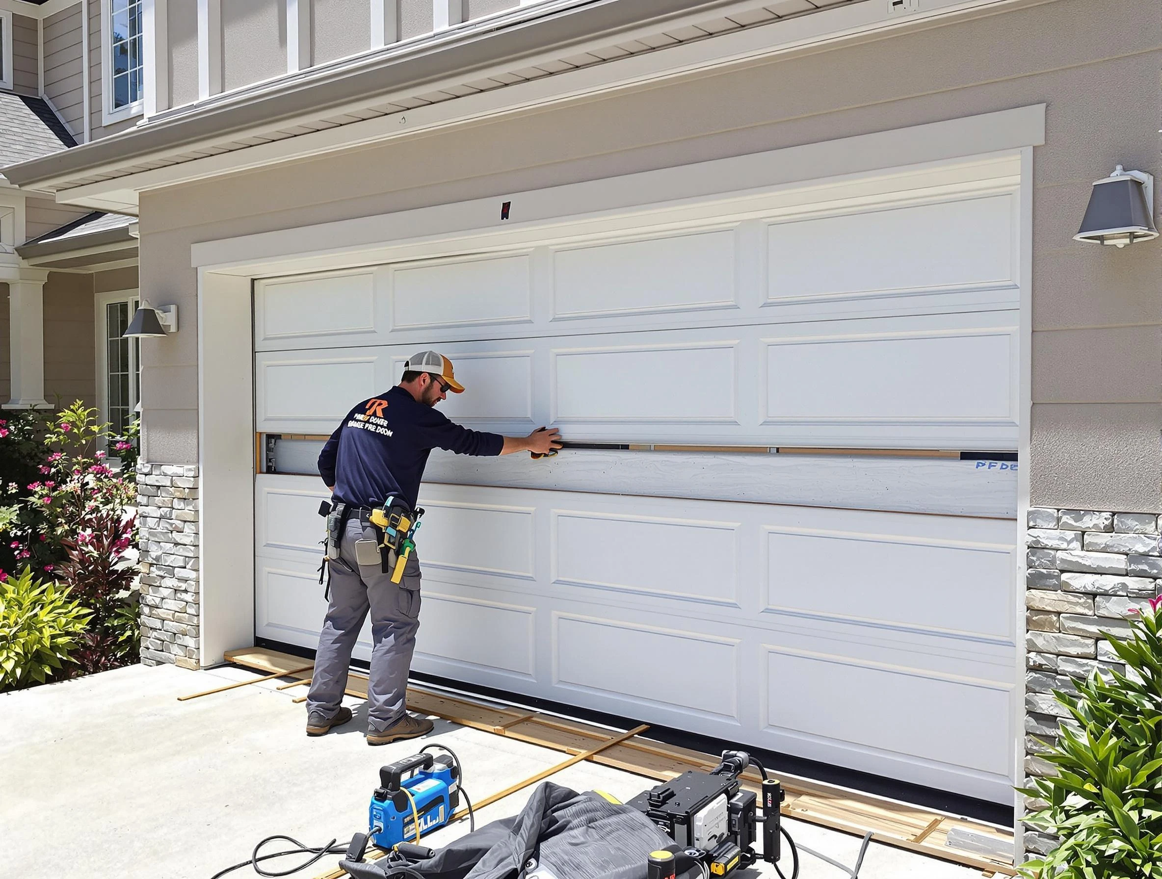Harrah Garage Door Repair team performing complete garage door replacement at Harrah residence