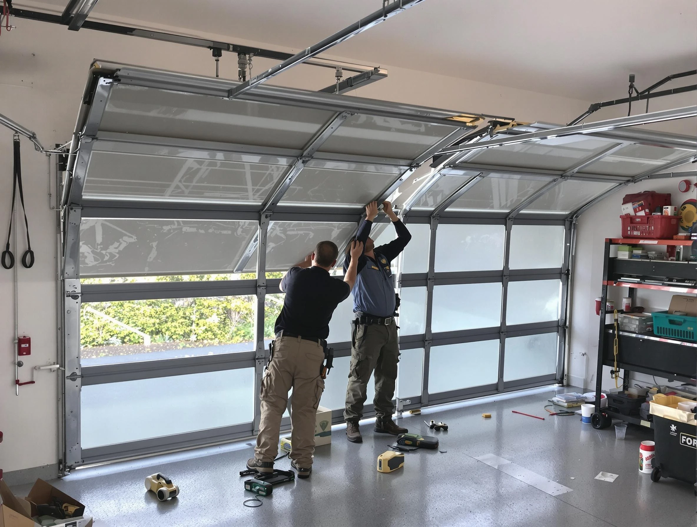 Harrah Garage Door Repair expert performing precise panel replacement on Harrah garage door