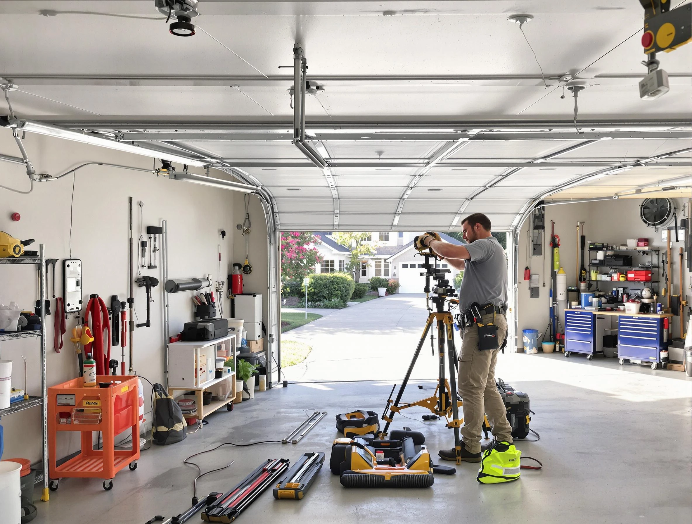 Harrah Garage Door Repair specialist performing laser-guided track alignment in Harrah